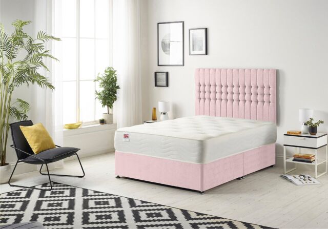 Somnior Galaxy Sprung Memory Foam Divan Bed with Headboard In Plush Fabric in Pink - Size: King - image 1