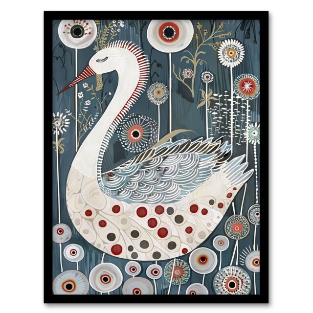 "Artery8 Cute Abstract Swan Floral Blue Red White Painting Framed Art Print - Size: W12"" x H16""" - image 1