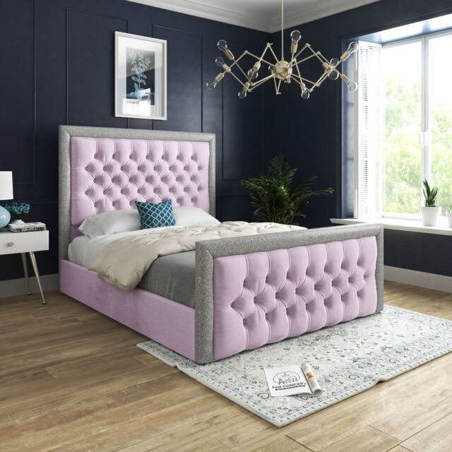 KDMD Venice Glitter Border Upholstered Soft Velvet Pink Bed Frame - Size: Single - image 1