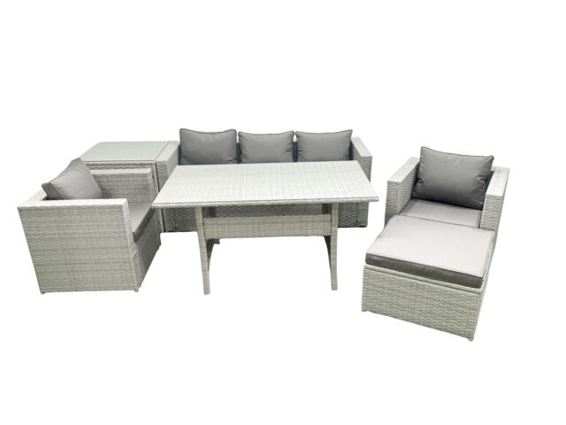 Fimous Garden Dining Set Outdoor Rattan Furniture Set with Sofa Dining Table 2 Chairs Big Footstool Side Table Light Grey Mixed - image 1
