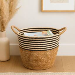 Voltico Striped Woven Storage Basket with Handles - Natural in Brown - thumbnail 1