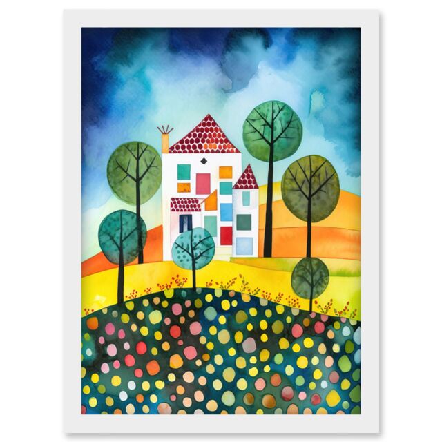 Artery8 Abstract House & Garden Folk Art Artwork Framed Wall Art Print A4 in White - image 1