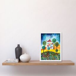 Artery8 Abstract House & Garden Folk Art Artwork Framed Wall Art Print A4 in White - thumbnail 2