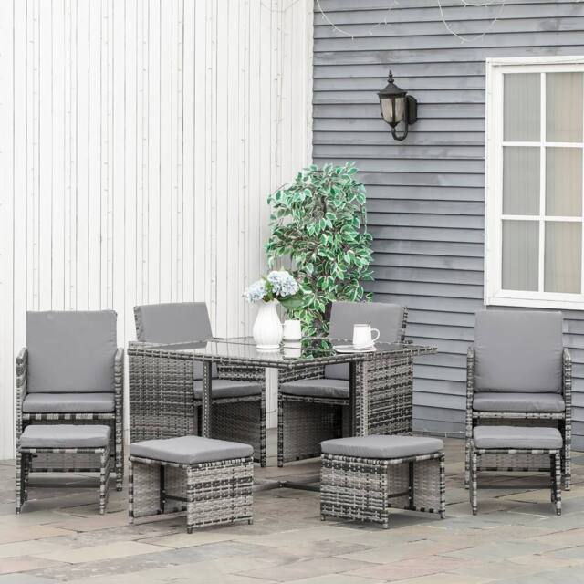 OUTSUNNY 8 Seater Cube Rattan Garden Furniture Dining Set with Cushions in Grey - image 1