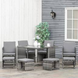 OUTSUNNY 8 Seater Cube Rattan Garden Furniture Dining Set with Cushions in Grey - thumbnail 1