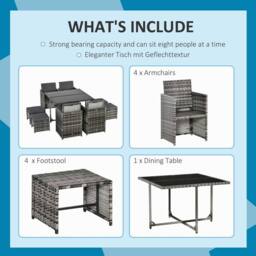 OUTSUNNY 8 Seater Cube Rattan Garden Furniture Dining Set with Cushions in Grey - thumbnail 6