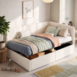 Merax Modern 3ft Single Beige Bouclé Ottoman Daybed with Reversible Corner - thumbnail 5