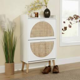 Home Source 2 Door Shoe Storage Cabinet Rattan Door Fronts Cabinet Furniture in White - thumbnail 2