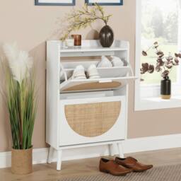 Home Source 2 Door Shoe Storage Cabinet Rattan Door Fronts Cabinet Furniture in White - thumbnail 3