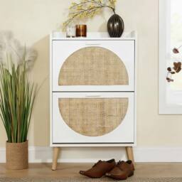 Home Source 2 Door Shoe Storage Cabinet Rattan Door Fronts Cabinet Furniture in White - thumbnail 5