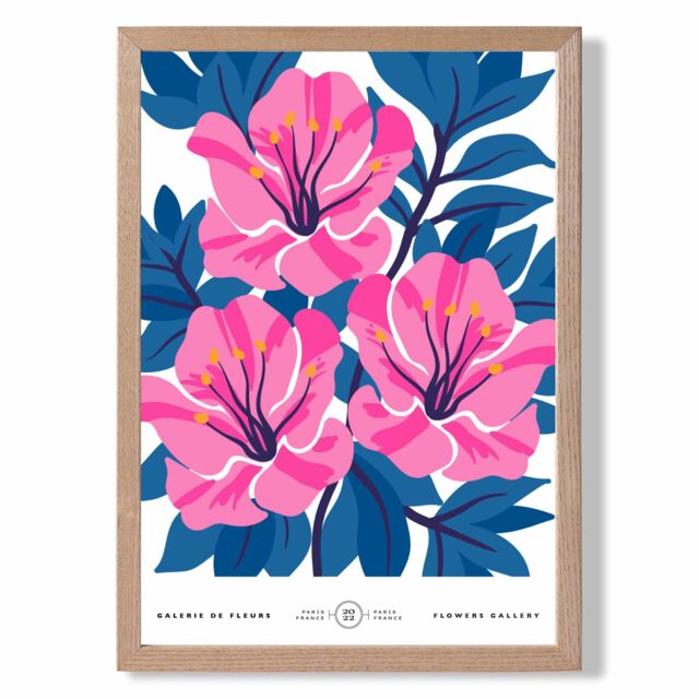 ARTZE Pink & Blue Cosmos Flower Market Gallery Framed Print SIZE: A2 with Oak Frame in Mid Blue - Size: A4 - image 1