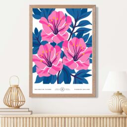 ARTZE Pink & Blue Cosmos Flower Market Gallery Framed Print SIZE: A2 with Oak Frame in Mid Blue - Size: A4 - thumbnail 2