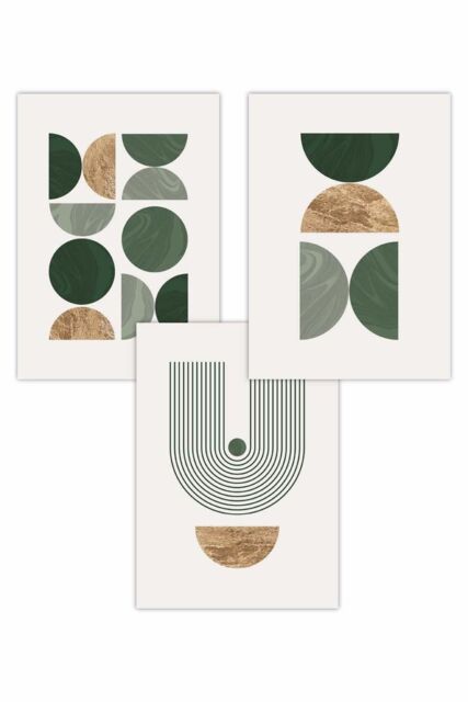 ARTZE Set of 3 Mid Century Geometric in Green & Gold Art Posters - Size: W30 cm x H42 cm - image 1