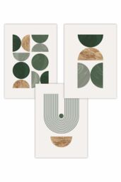 ARTZE Set of 3 Mid Century Geometric in Green & Gold Art Posters - Size: W30 cm x H42 cm