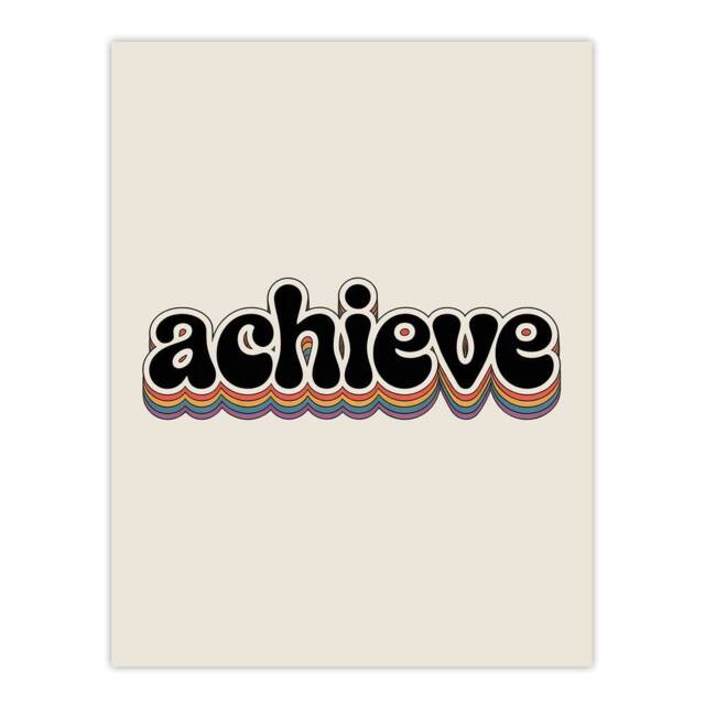 "Artery8 Achieve Colourful Retro Rainbow Font Typography Wall Art Print in Beige - Size: W12"" x H16""" - image 1