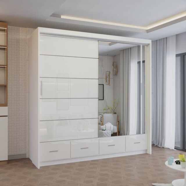 Sliding Wardrobes 4U Modern High Gloss Sliding Wardrobe with LED Light 208cm x 220cm in White - Size: 208 cm x 220 cm - image 1