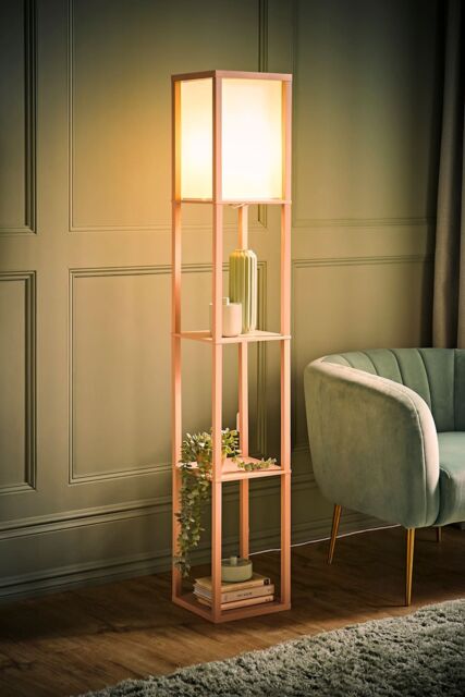 ValueLights Struttura Pastel Wooden Shelving Floor Lamp with Fabric Shade & Bulb in Baby Pink - image 1