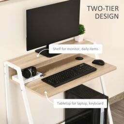 HOMCOM 2-Tier Storage Computer Workstation with Shelf, Metal Frame in Light Brown - thumbnail 4