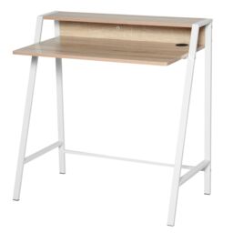 HOMCOM 2-Tier Storage Computer Workstation with Shelf, Metal Frame in Light Brown - thumbnail 2