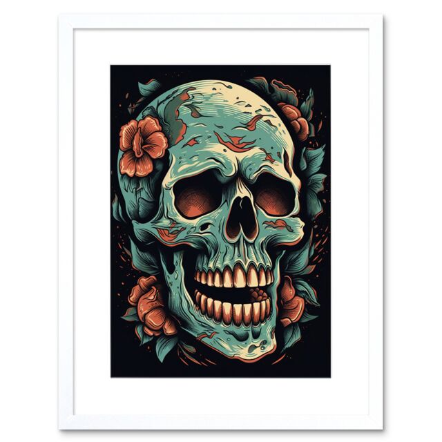"Artery8 Wall Art Print Flowers Skull Old School USA Tattoo Ink Body Art Rockabilly Americana 50s Artwork Framed 9X7 Inch in White - Size: W7"" x H9""" - image 1