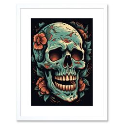 "Artery8 Wall Art Print Flowers Skull Old School USA Tattoo Ink Body Art Rockabilly Americana 50s Artwork Framed 9X7 Inch in White - Size: W7"" x H9""" - thumbnail 1
