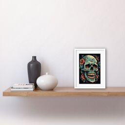 "Artery8 Wall Art Print Flowers Skull Old School USA Tattoo Ink Body Art Rockabilly Americana 50s Artwork Framed 9X7 Inch in White - Size: W7"" x H9""" - thumbnail 2