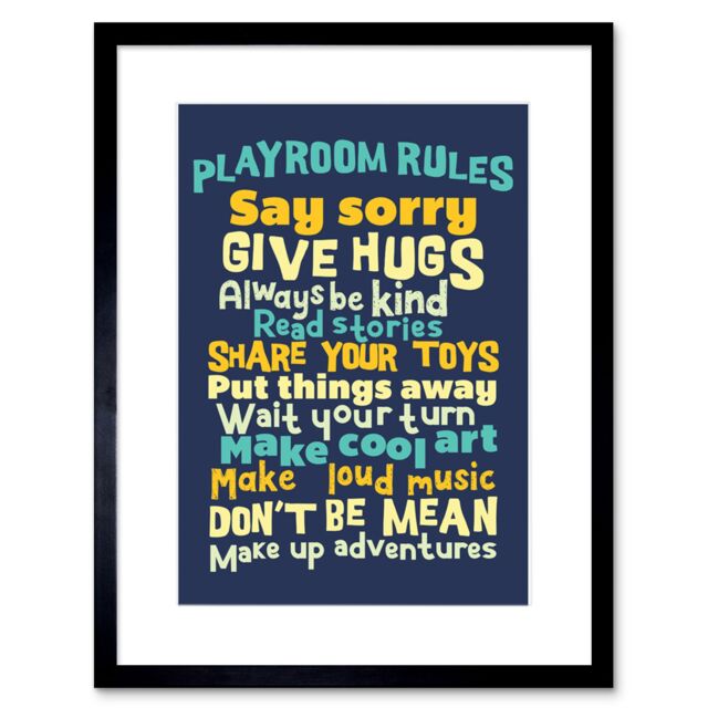"Artery8 Wall Art Print Kids Playroom Rules Fun Blue Framed in Black - Size: W7"" x H9""" - image 1