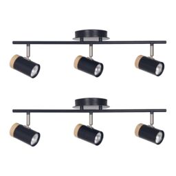 First Choice Lighting Set of 2 Stratton - Black with Wood Detail Three Way Spotlights - thumbnail 1