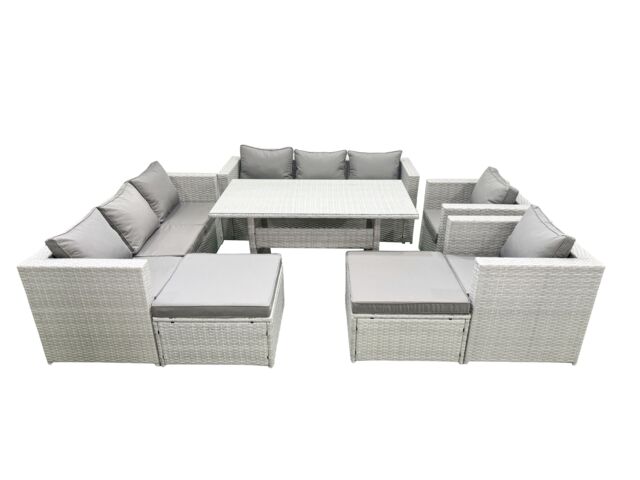 Fimous Rattan Garden Furniture Set Outdoor 8 Seater Patio Dinin g Sofa Sets with Dining Table 2 Chairs 2 Big Footstools Light Grey Mixed - image 1