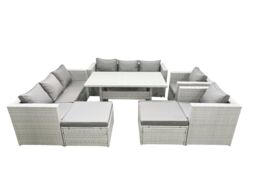 Fimous Rattan Garden Furniture Set Outdoor 8 Seater Patio Dinin g Sofa Sets with Dining Table 2 Chairs 2 Big Footstools Light Grey Mixed - thumbnail 1