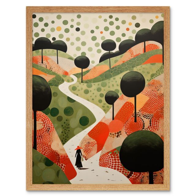 Artery8 Wall Art Print Walk on the Countryside Hill Path Folk Art Oil Painting Red Orange Green Abstract Landscape Artwork Art Framed - image 1