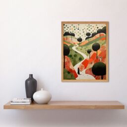 Artery8 Wall Art Print Walk on the Countryside Hill Path Folk Art Oil Painting Red Orange Green Abstract Landscape Artwork Art Framed - thumbnail 2