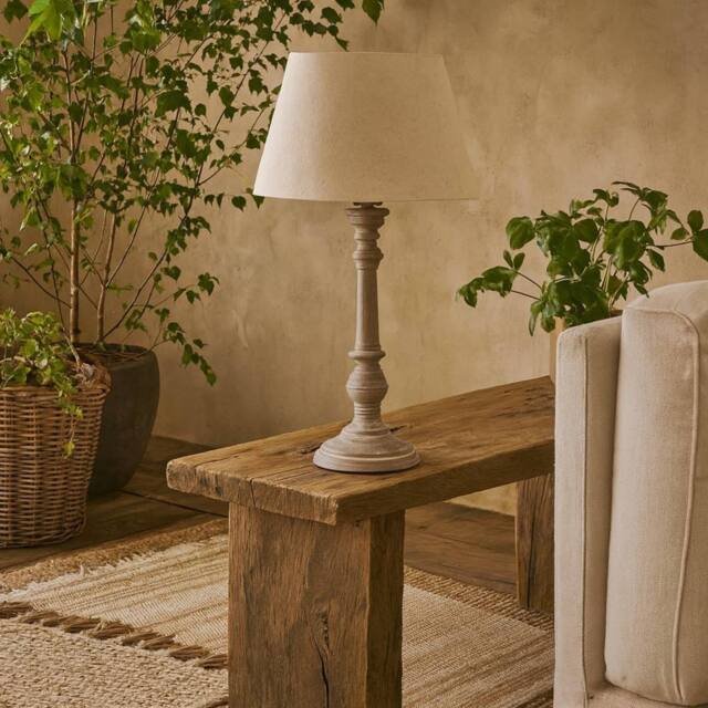 Wyld Haus Turin Rustic Tall Distressed Grey Wooden Table Lamp Cream Linen Shade in Beige - image 1