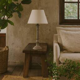 Wyld Haus Turin Rustic Tall Distressed Grey Wooden Table Lamp Cream Linen Shade in Beige - thumbnail 2