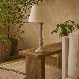 Wyld Haus Turin Rustic Tall Distressed Grey Wooden Table Lamp Cream Linen Shade in Beige