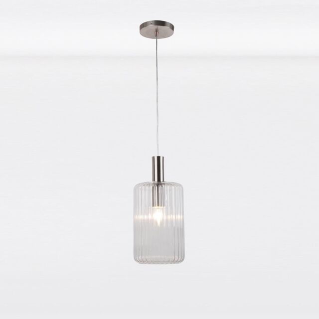 First Choice Lighting Clear & Brushed Chrome Fluted Glass Design Pendant Fitting in Silver - image 1