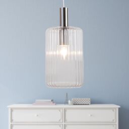 First Choice Lighting Clear & Brushed Chrome Fluted Glass Design Pendant Fitting in Silver - thumbnail 5