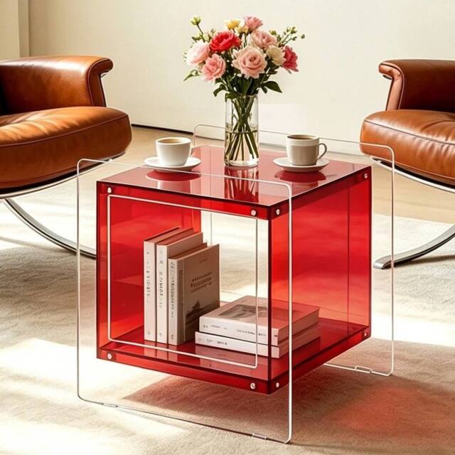 VOGREX 2-Tier Transparent Acrylic Side Table Multifunctional in Red - image 1