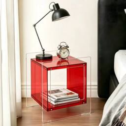 VOGREX 2-Tier Transparent Acrylic Side Table Multifunctional in Red - thumbnail 2