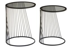 Orsina Set Of Two Grey Glass Top Black Side Table with Openwire Frame, Black Round Side Tables For Living Room
