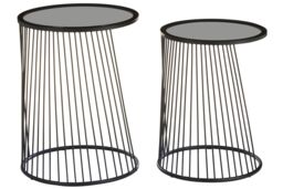 Orsina Set Of Two Grey Glass Top Black Side Table with Openwire Frame, Black Round Side Tables For Living Room - thumbnail 2