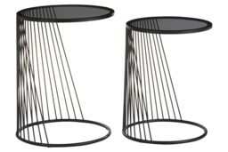 Orsina Set Of Two Grey Glass Top Black Side Table with Openwire Frame, Black Round Side Tables For Living Room - thumbnail 3