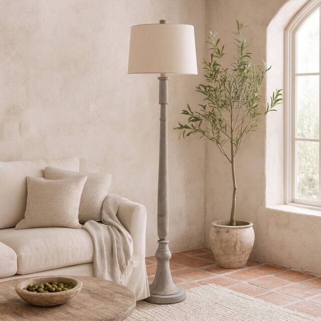 Wyld Haus Piana Slim Natural Wood Effect Resin Floor Lamp with Linen Shade in Cream - Size: 140 cm - image 1