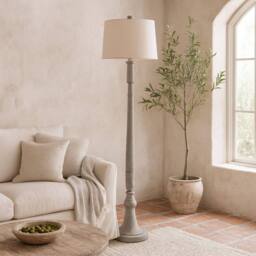 Wyld Haus Piana Slim Natural Wood Effect Resin Floor Lamp with Linen Shade in Cream - Size: 140 cm