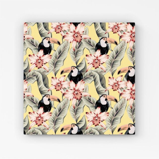 "Warren Reed - Designer Toucans, Orchids & Palm Leaves Canvas in Yellow - Size: W30"" x H30""" - image 1