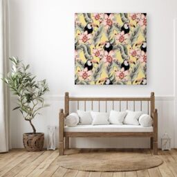 "Warren Reed - Designer Toucans, Orchids & Palm Leaves Canvas in Yellow - Size: W30"" x H30""" - thumbnail 3