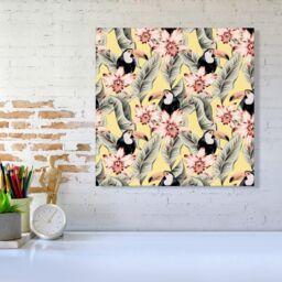 "Warren Reed - Designer Toucans, Orchids & Palm Leaves Canvas in Yellow - Size: W30"" x H30""" - thumbnail 2