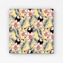 "Warren Reed - Designer Toucans, Orchids & Palm Leaves Canvas in Yellow - Size: W30"" x H30""" - thumbnail 1