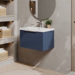 Balterley Fluted Wall Hung 1 Drawer Vanity Basin Unit & Basin 600mm - Satin Blue - thumbnail 4