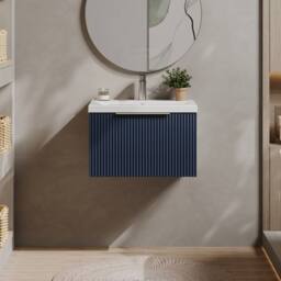 Balterley Fluted Wall Hung 1 Drawer Vanity Basin Unit & Basin 600mm - Satin Blue - thumbnail 2